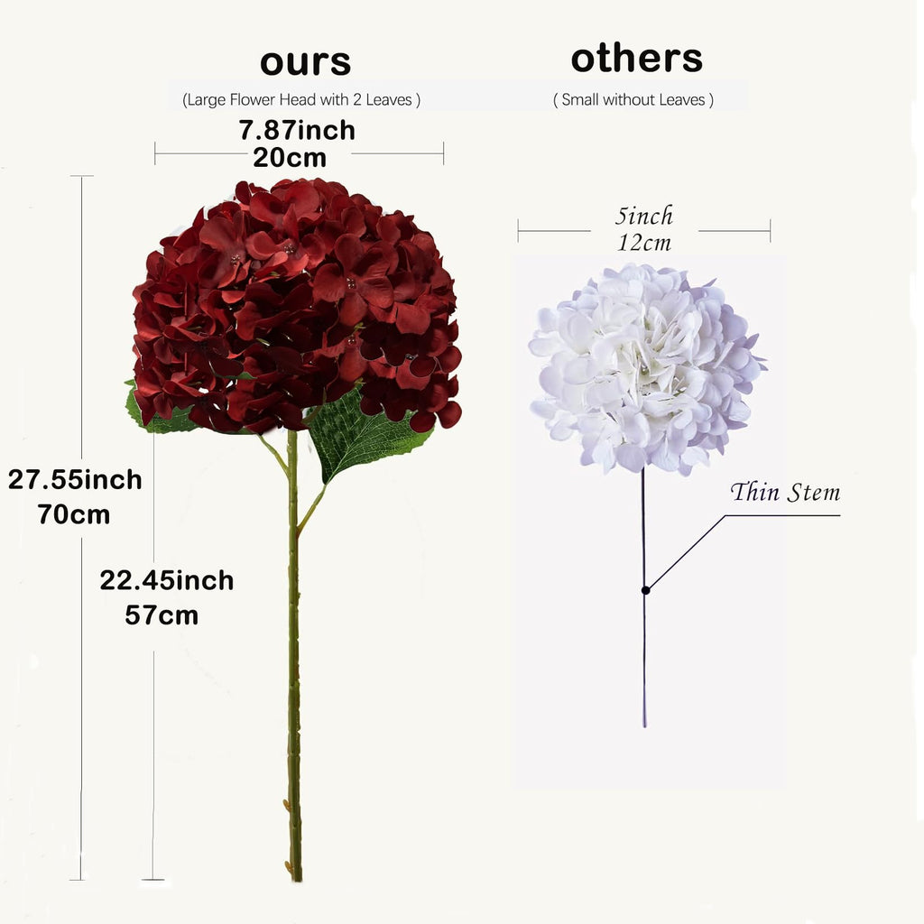 8pcs Red Hydrangea Artificial Flowers 27.58" Large Realistic Single Long Stem Faux Silk Hydrangeas Bouquets Flower
