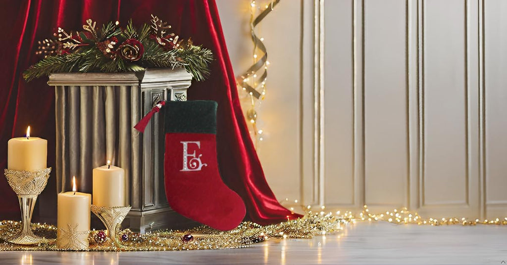 Red and Green Velvet Rhinestone Monogram Christmas Stocking - E