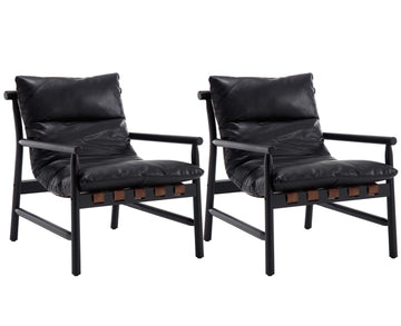 Modern Sling Accent Chairs Set of 2 Upholstered PU Leather Living Room Chairs Solid Wood Frame Arm Chairs Comfy