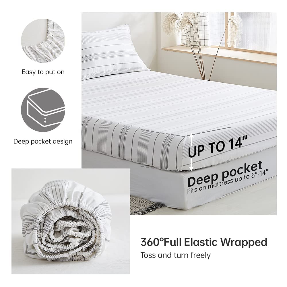 Linen Sheet Set 4 Pieces Natural Flax Cotton Flannel Sheets 14" Deep Pocket Horizontal Stripes Printed Soft