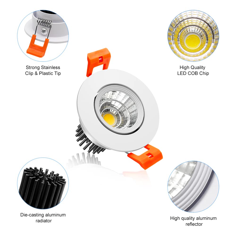 2Inch LED Recessed Ceiling Light, 3W Dimmable LED Downlight, 60 Beam Angle COB Recessed Lights with Driver, Daylight