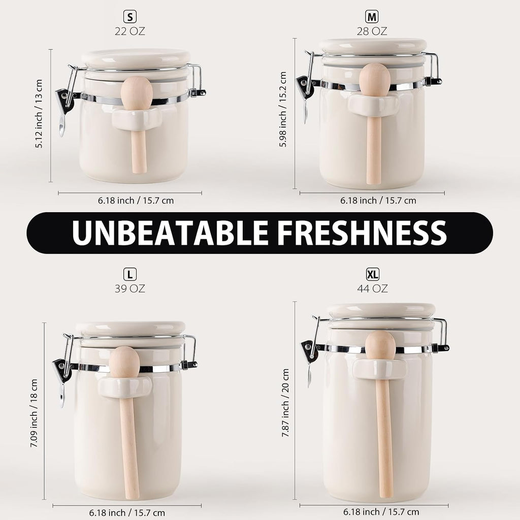 Airtight Ceramic Canister Set With Attached Wooden Spoon Reusable Chalk Labels For Dry Goods Sugar Coffee Tea - Set of 4