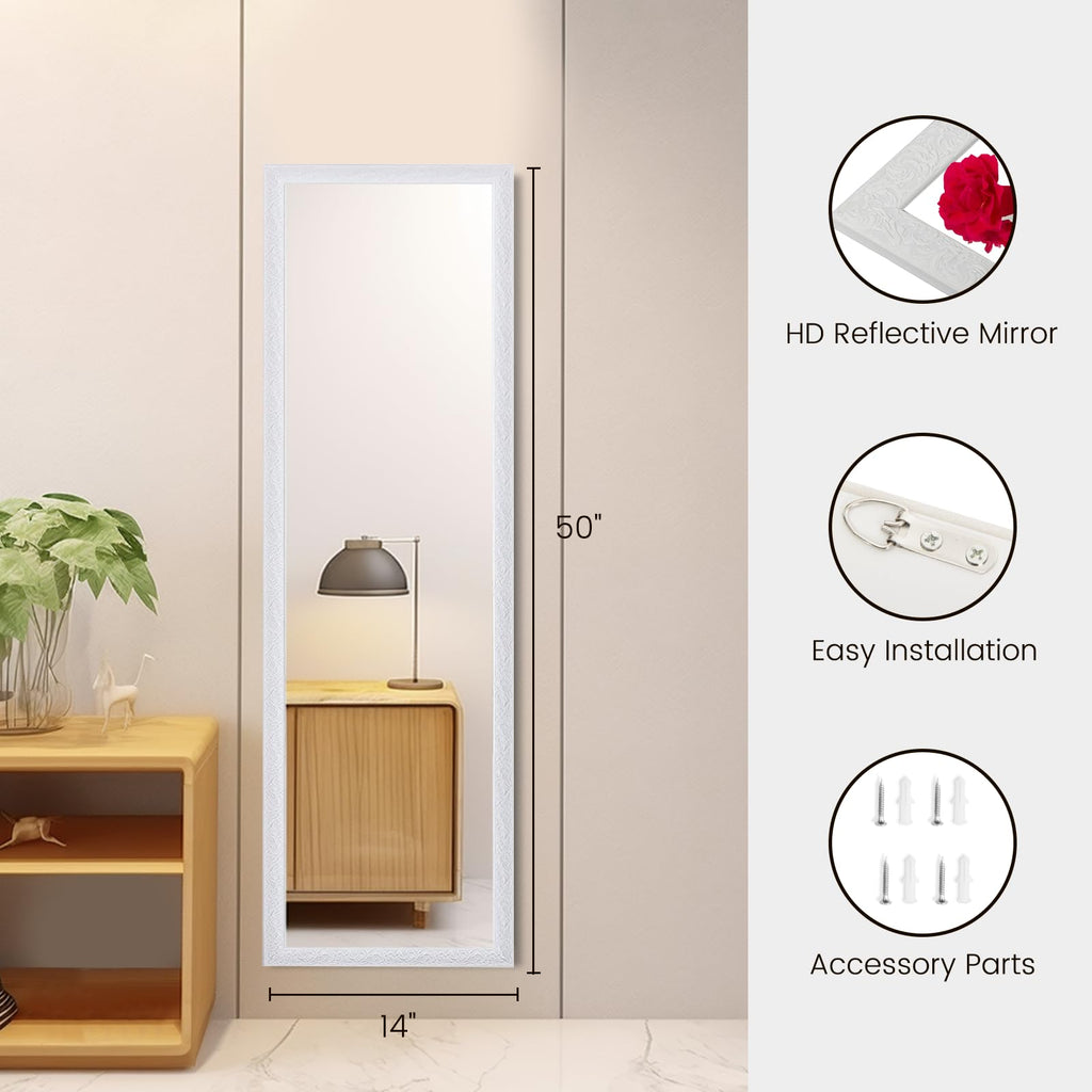 50" x 14" Full Length Wall Mirror, White Baroque Door Mirror