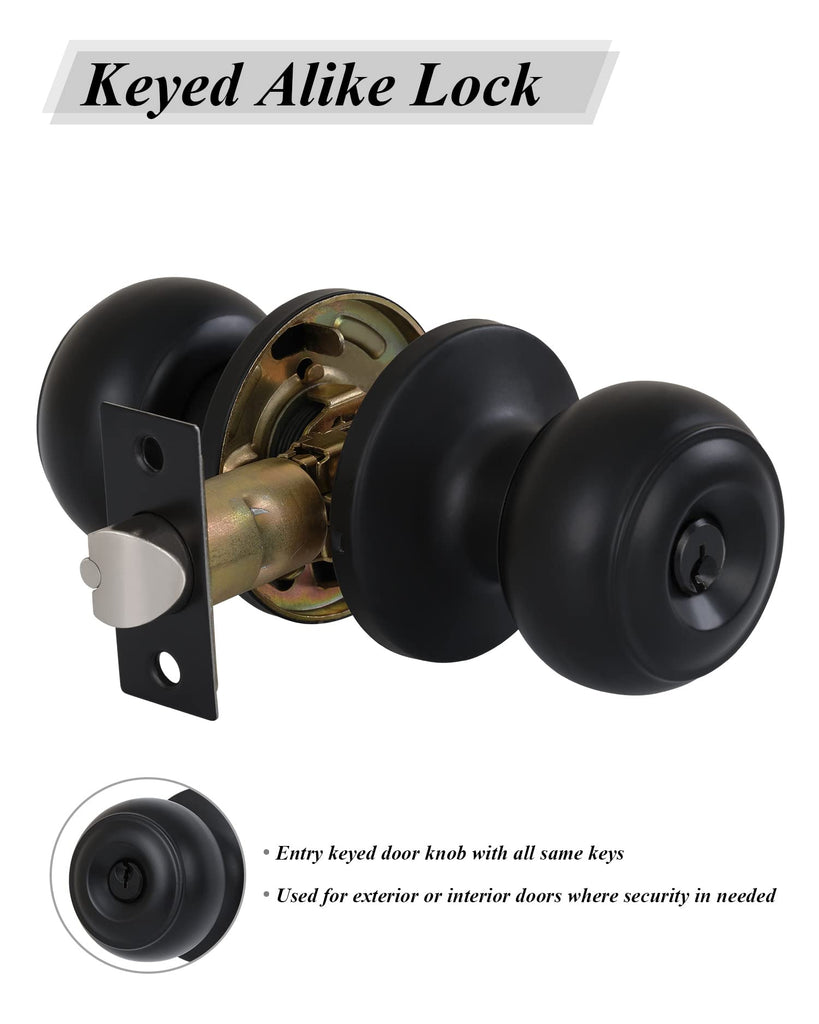 3 Pack) Entry Door Knobs with Lock and Keyed Alike, Interior/Exterior Flat Ball Door Locks /Bathroom/Front/Offic