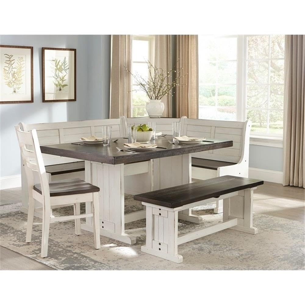 Bayside Farmhouse 4 Piece Wood Breakfast Nook Set in White/Brown