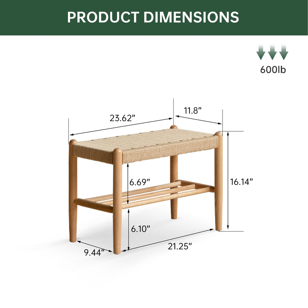 Solid Wood Shoe Bench, Woven Seat Entryway Bench for Small Spaces