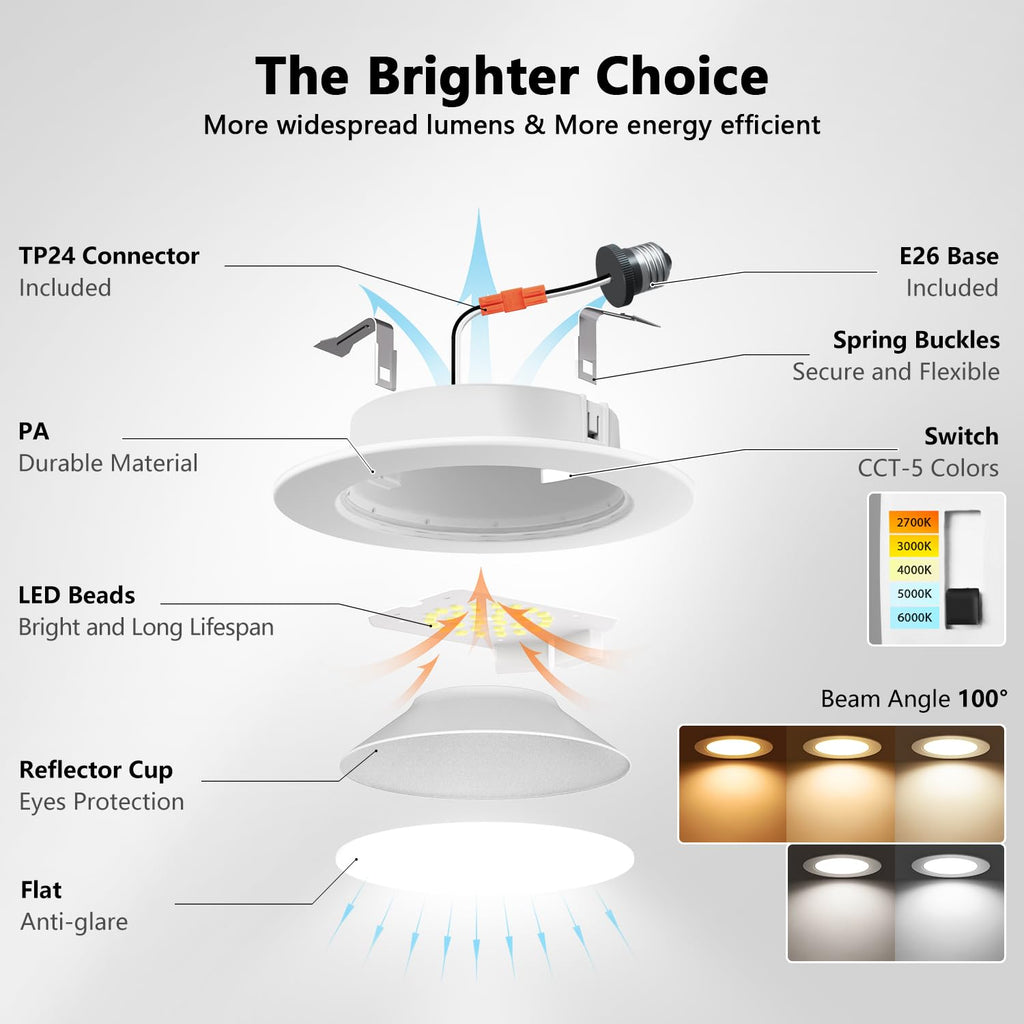 4 Inch Recessed Lights, 5CCT LED Can Lights, Dimmable, 12 Pack,White