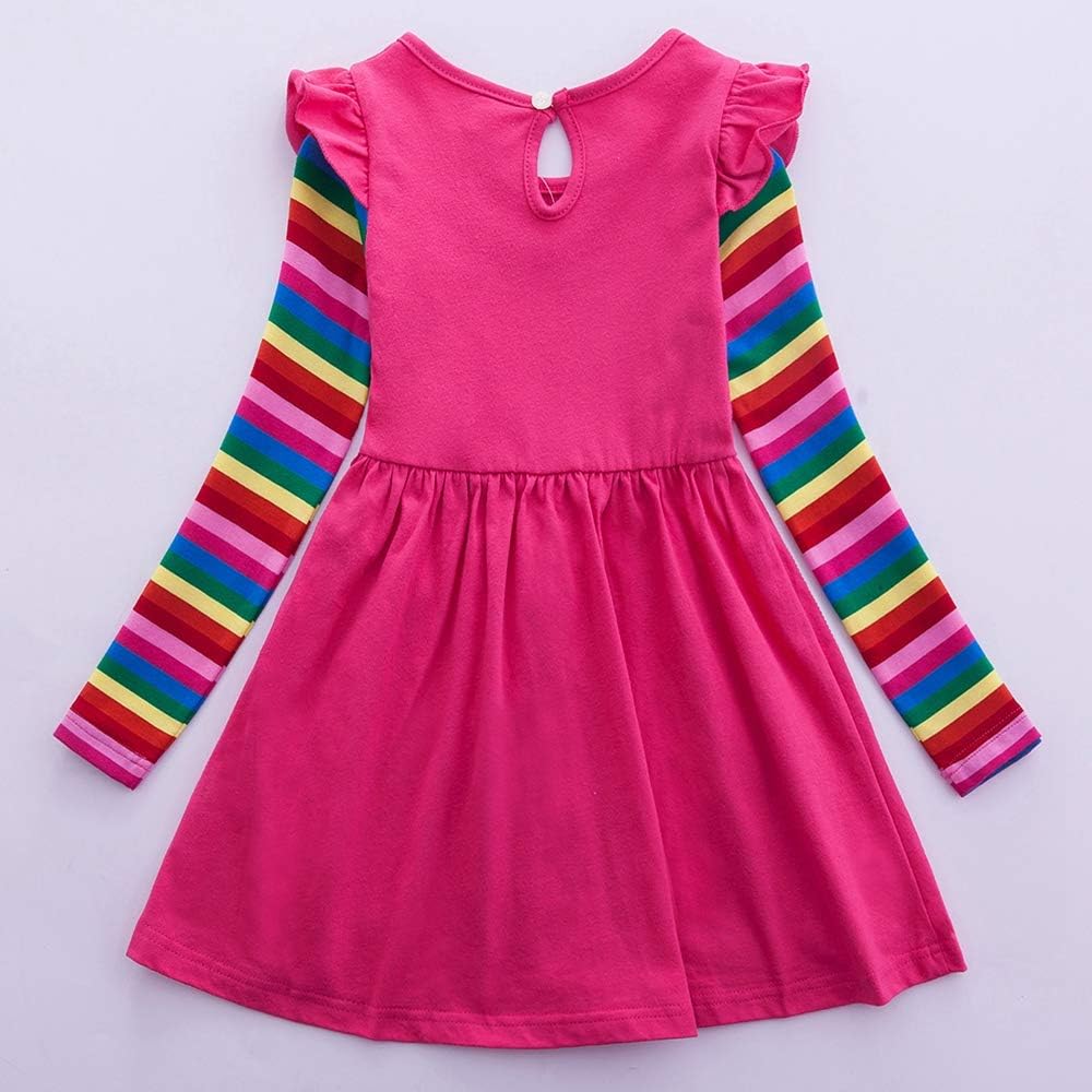 Cotton Girls Flower Rainbow Long Sleeve Dresses Butterfly Animal for Kids