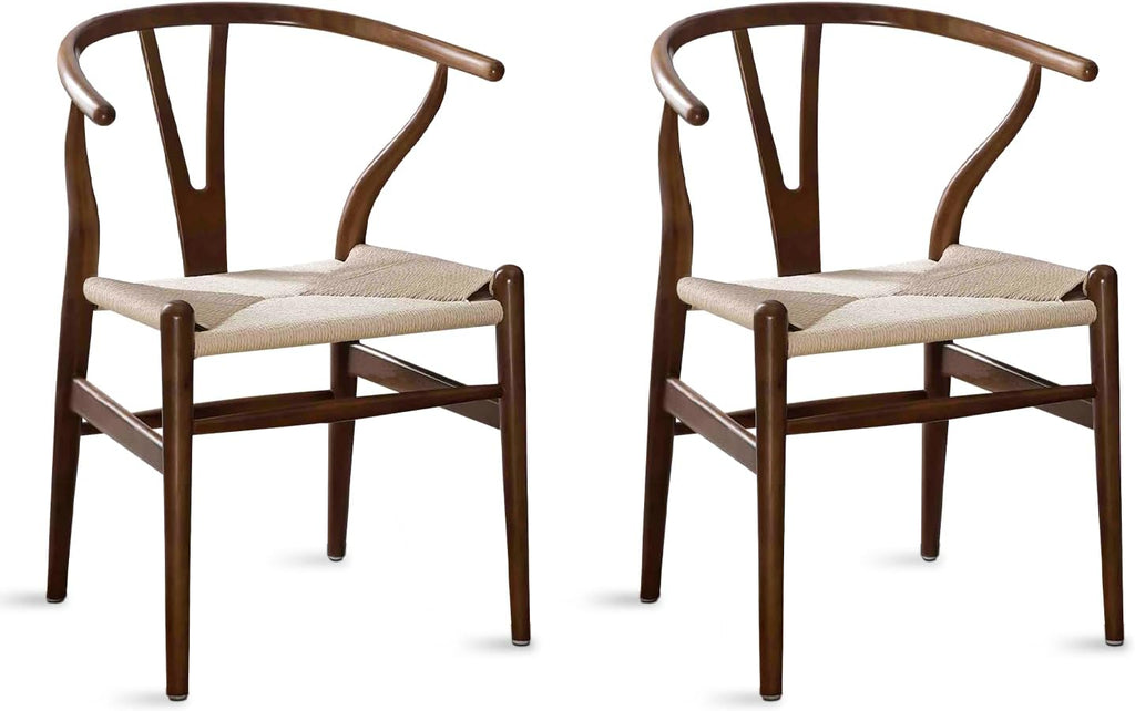 Wishbone Chair, Weave Solid Wood Mid-Century Modern Y Shaped Backrest Dining Chair (Walnut Set of 2)