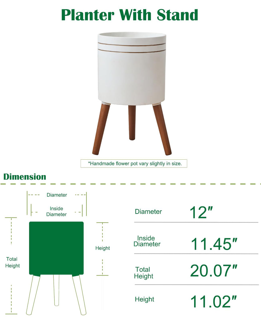 12 Inch Plant Pot with Oak Wood Stand, Large Planter for Indoor Plant, Simple Modern Flower Pot Flower Pot with