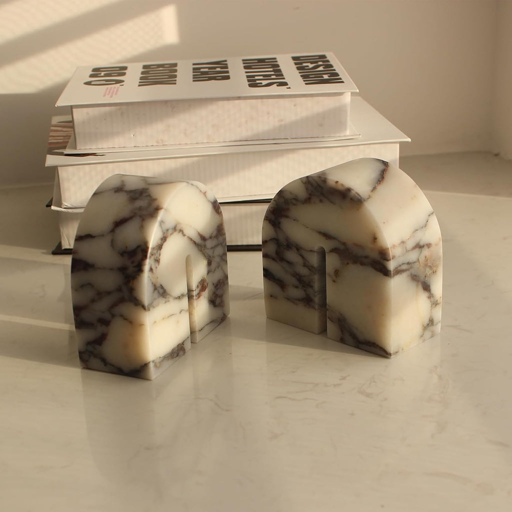 Set of 2 Natural Calacatta Viola Marble Bookends for Shelves, Decorative Book Ends for Heavy Books, Book Stopper