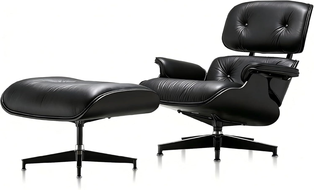 Mid-Century Modern Lounge Chair & Ottoman — Black Bonded Grain Leather, Walnut Base, Premium Tall Back
