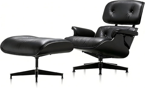 Mid-Century Modern Lounge Chair & Ottoman — Black Bonded Grain Leather, Walnut Base, Premium Tall Back