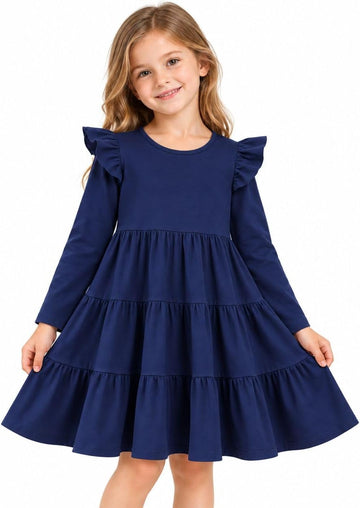 Girls Long Sleeve Dress Cotton Rainbow Color Block Tiered Twirly