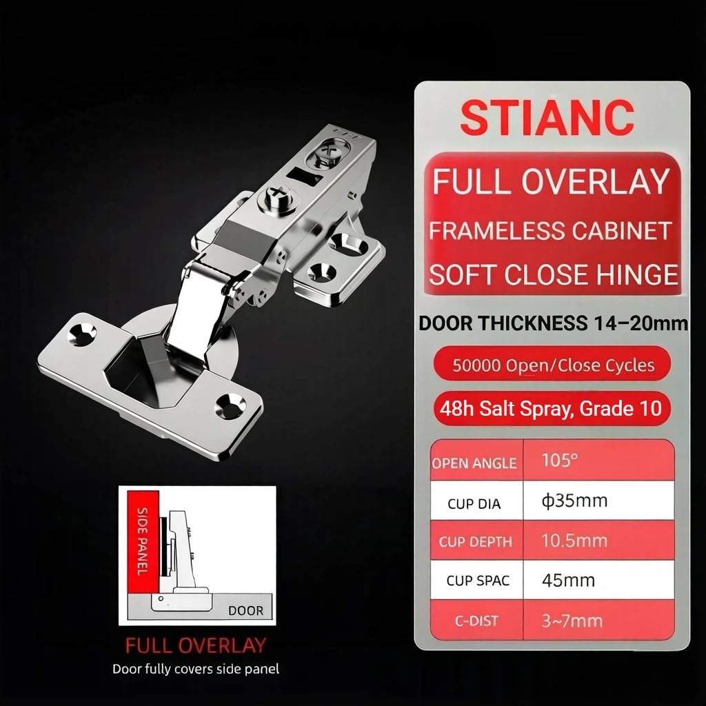 20 Pcs Full Overlay Frameless Soft Close Cabinet Hinges, 105° 3-Way