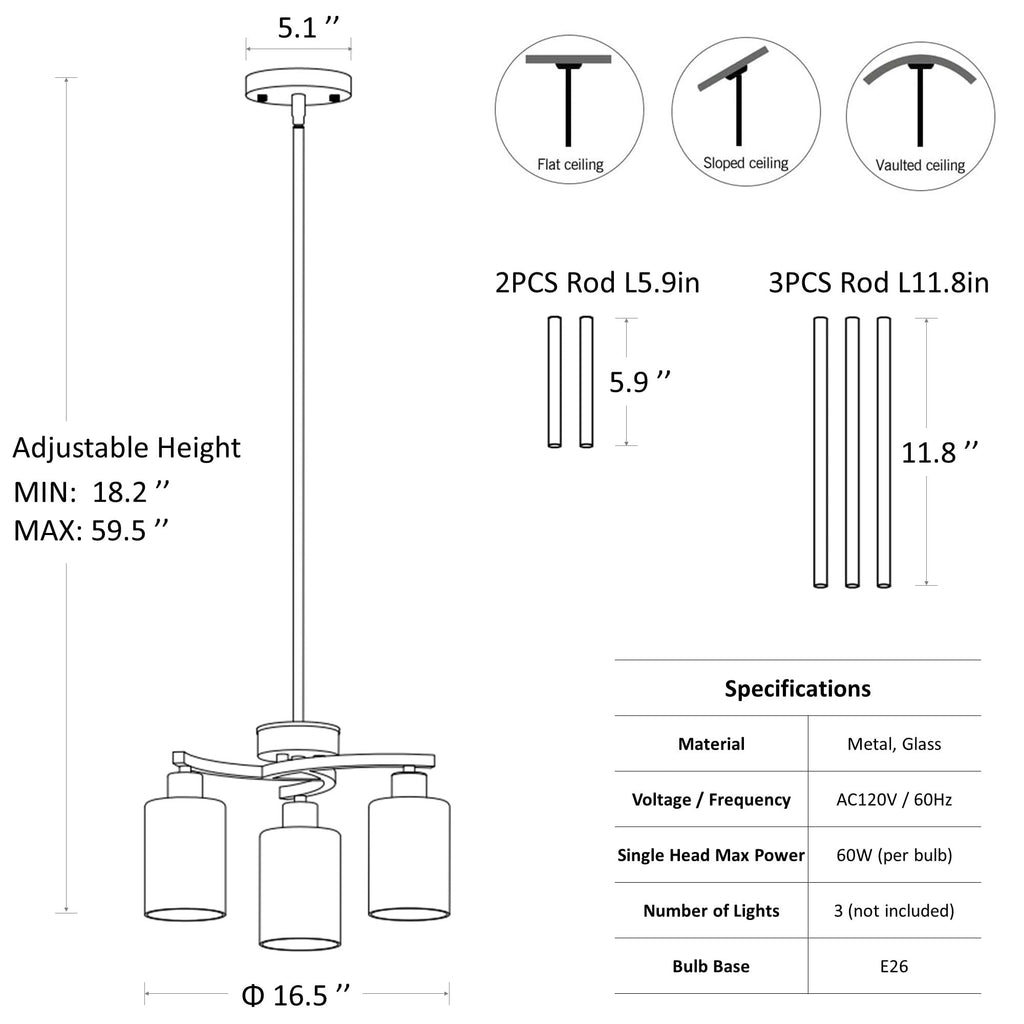 Modern Farmhouse Black Pendant Lights Kitchen Island, Adjustable Height Contemporary Chandeliers Light