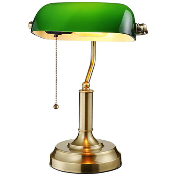 Green Glass Bankers Desk Lamp with Pull Chain, E26 Base