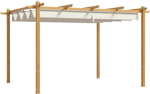 10' x 13' Retractable Pergola Canopy, Wood Grain Aluminum Pergola, Outdoor Sun Shade Shelter for Grill, Garden, Patio
