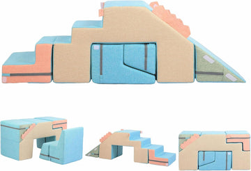 4 in 1 Foam Climbing Blocks for Toddlers (Faux-Linen Blue-Khaki)