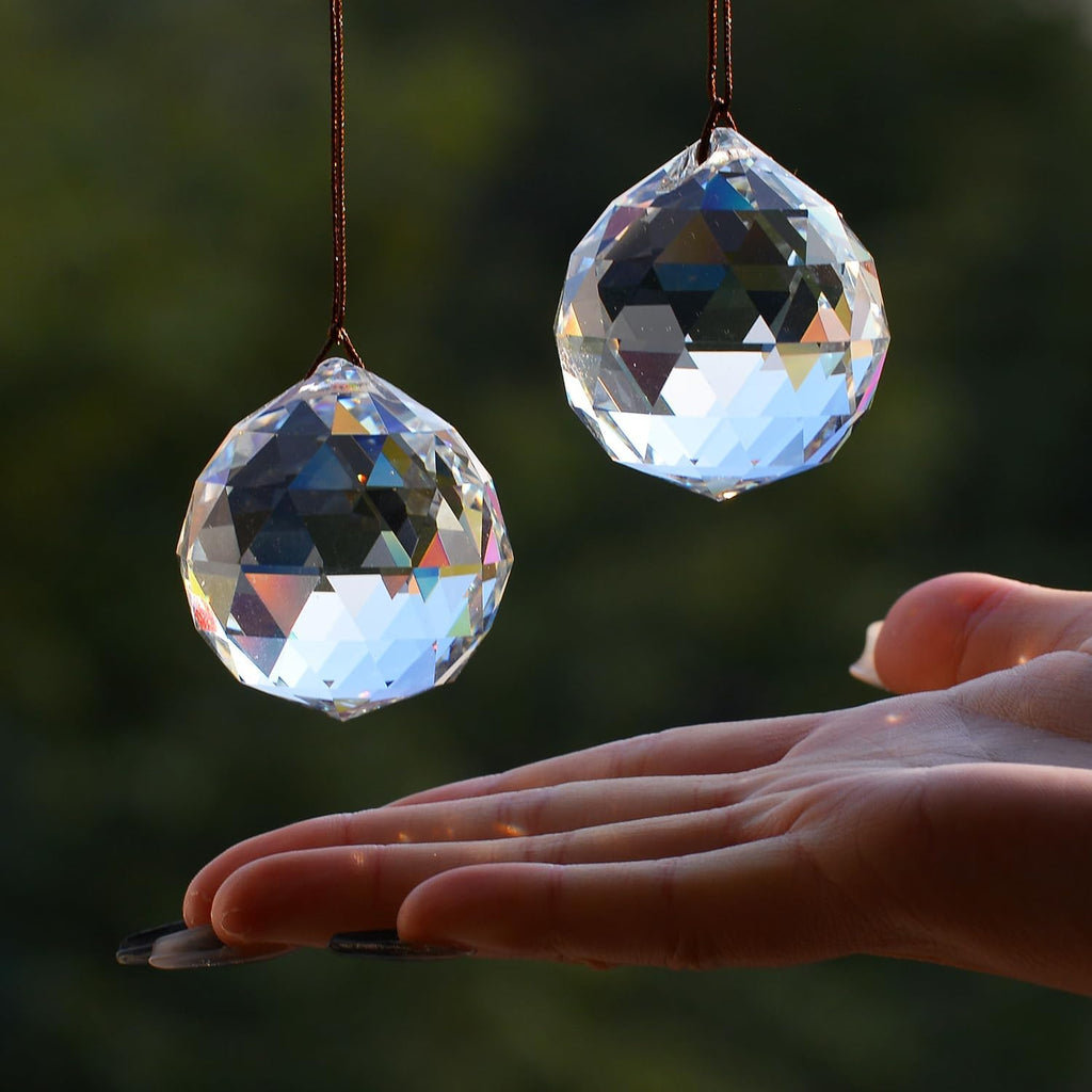 2PCS Ball Crystal Suncatcher Prisms for Windows (Ball Clear) - Clear, K9 Glass, Rainbow Maker, with Hooks & Cord