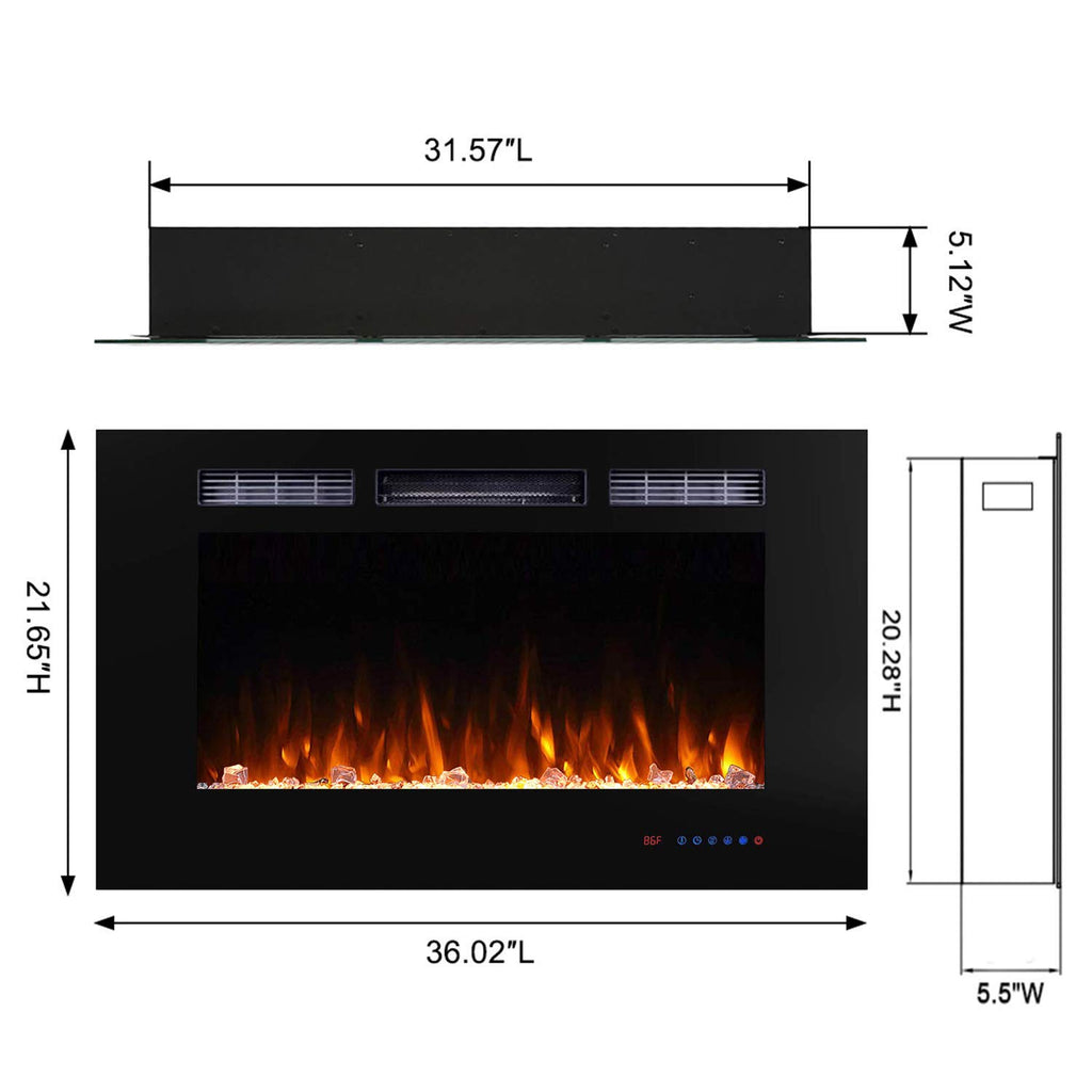 36" WiFi Smart Recessed Electric Fireplace Insert, 5 Flame Settings, Log Set or Crystal Options, Temperature Control