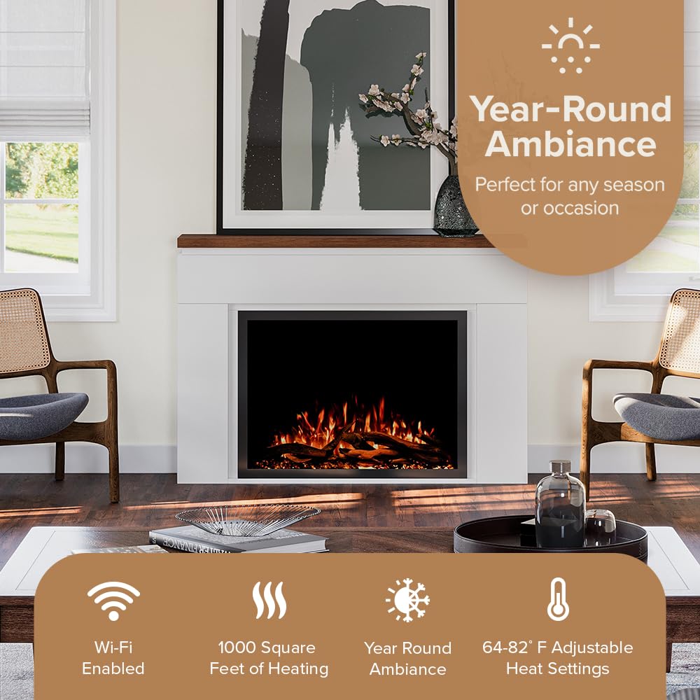 Sabrina Smart Electric Fireplace Mantel Package | 33" Firebox Heater | Sleek Design w/Walnut Finish Mantel