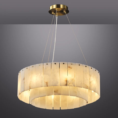 D23in Alabaster Round Chandelier, Modern Marble Dining Room Chandeliers, 2 Tiers Brass Drum Pendant Light Fixtures, Gold Ceiling Light Chandelier for Living Room, Bedroom Lights, Foyer, Kitchen A125-B0DPFR43GX