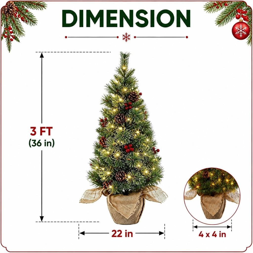 3FT Prelit Artificial Christmas Tree with 78 Lights & Burlap Base, 1 pcs