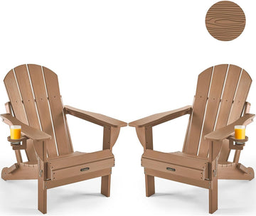 Folding Adirondack Chair 2 Pack, Patio Adirondack Chair Weather Resistant, Plastic Fire Pit Chair with Cup Holder