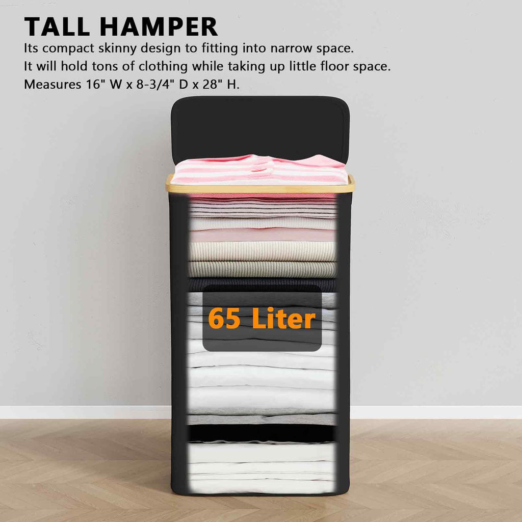 Slim Laundry Hamper with Lid, 65L Narrow Clothes Basket Bin with Bamboo Handles, Skinny Tall Collapsible Hamper