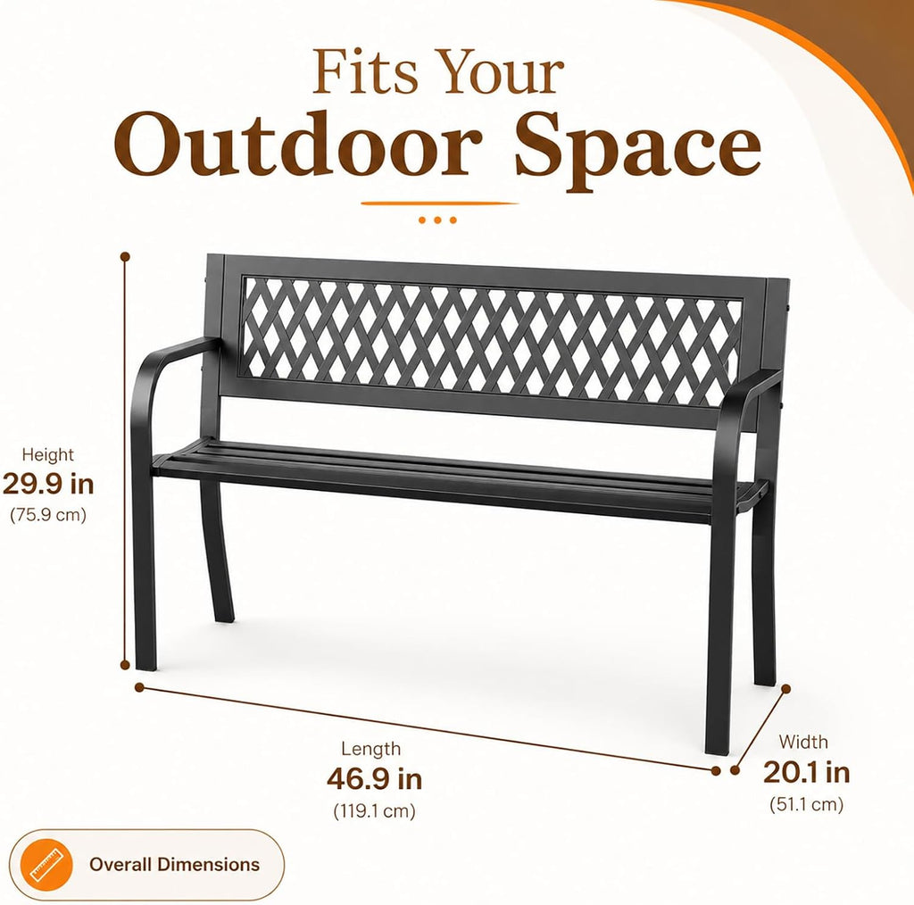 Garden Bench, Outdoor Metal Park Bench with Backrest and Armrests, 500 Lbs Static Load Tested, Black Patio Bench for