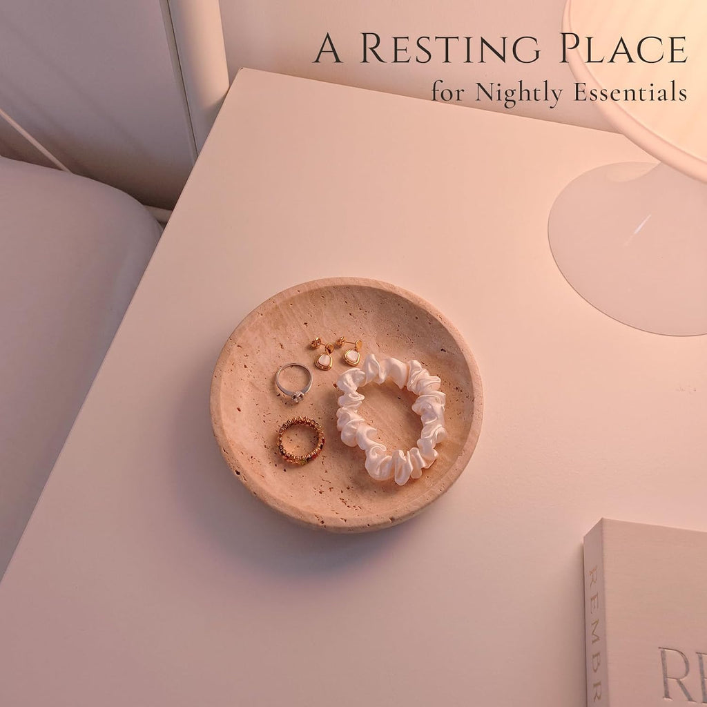 Natural Travertine Valet Tray - 5.5" Round Stone Jewelry Trinket Dish Catchall for Keys, Watches, Rings - Decorative