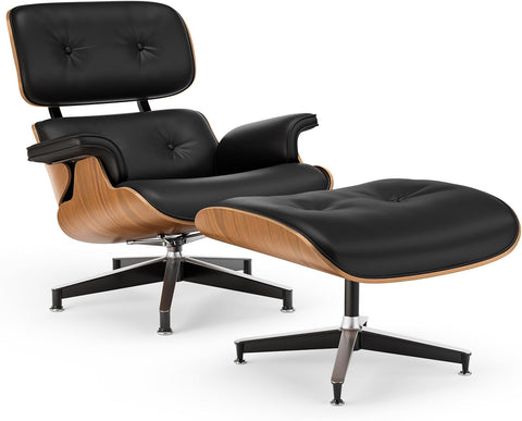 Mid-Century Modern Lounge Chair & Ottoman — Black PU Leather, Walnut Base, Standard