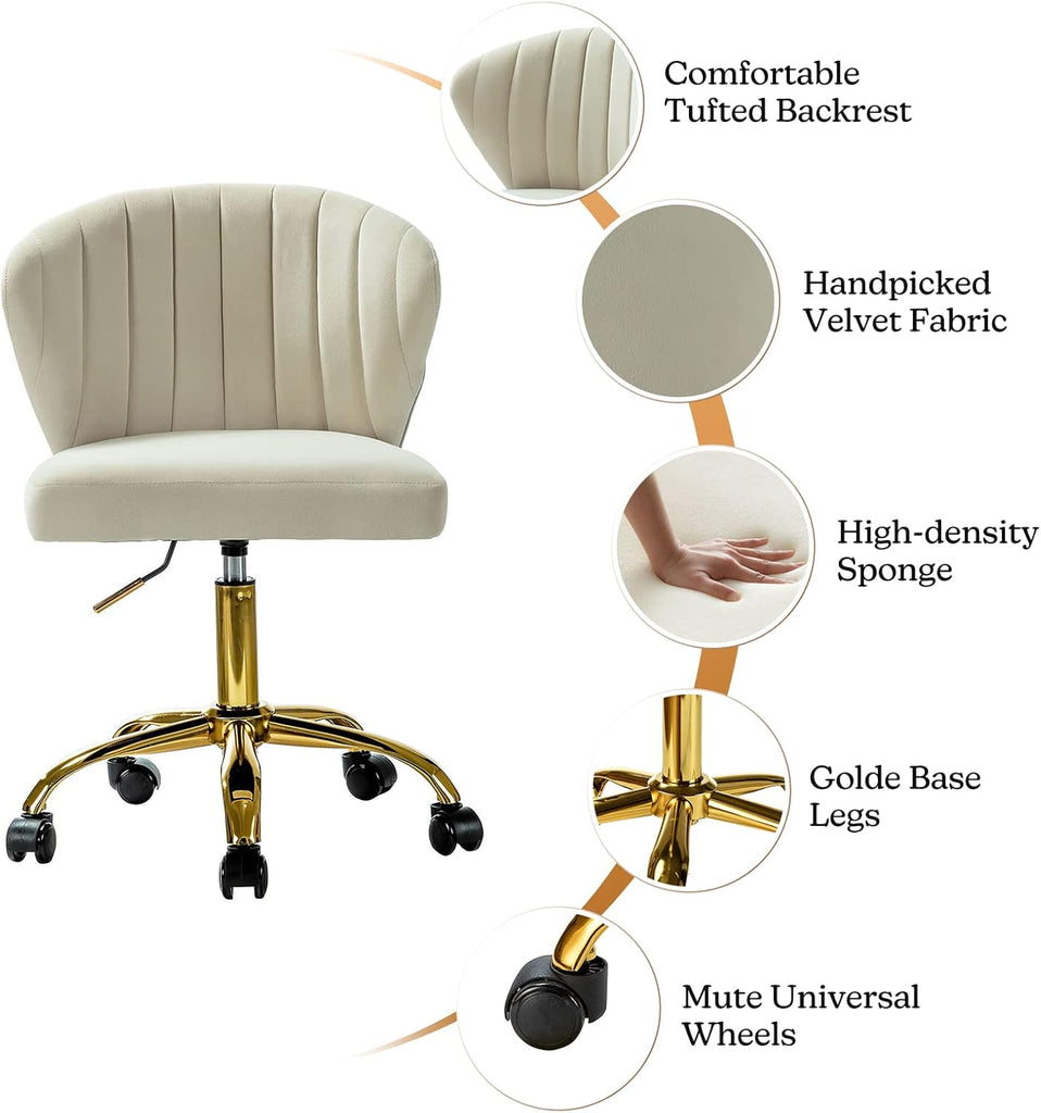 Office Desk Chairs with Wheels & Gold Base, Modern Velvet Cute Armless, Adjustable Low Back Swivel Rolling Chair