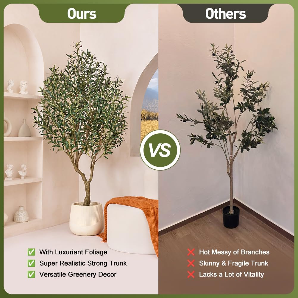 Artificial Olive Tree 6FT Fake Plants Indoor - UV Resistant Faux Olive Tree in Black Pot, Outdoor Tall Faux Silk Tree