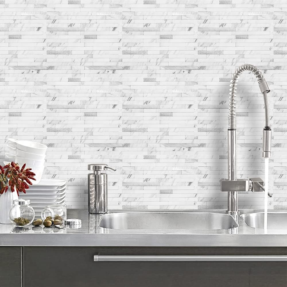 10-Sheet Peel and Stick Backsplash Tile, Faux White Marble Look PVC Mixed Metal Stick on Backsplash , 9.4 sq.ft