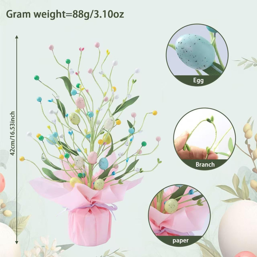 Easter Egg Tree Table Decor, 16.53 Inch Pre-Lit Artificial Easter Tree with Pastel Eggs & Berries, Spring Centerpiece