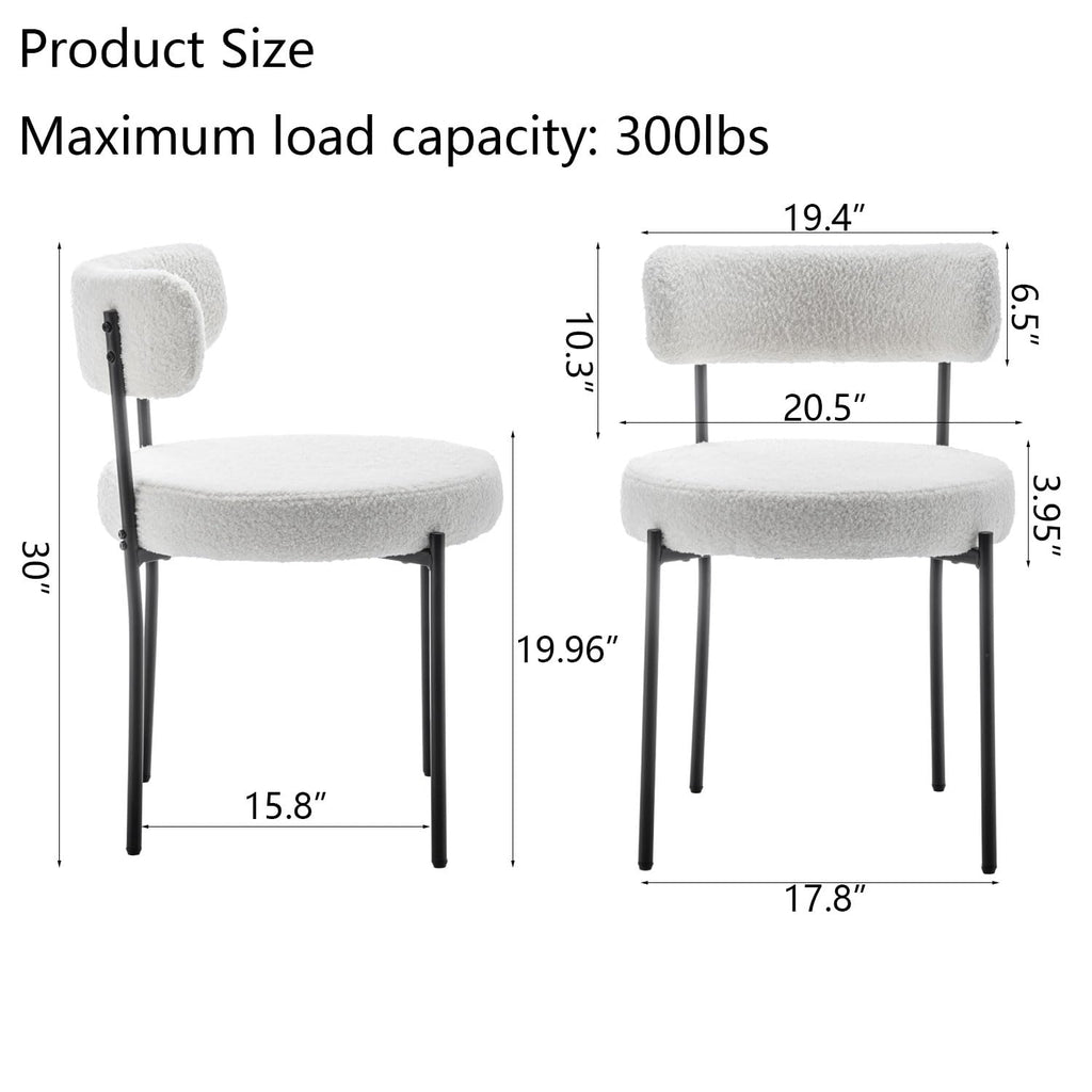 White Boucle Set of 4, Upholstered Dining Room Chairs with Black Metal Legs, Round Modern Dining Chair