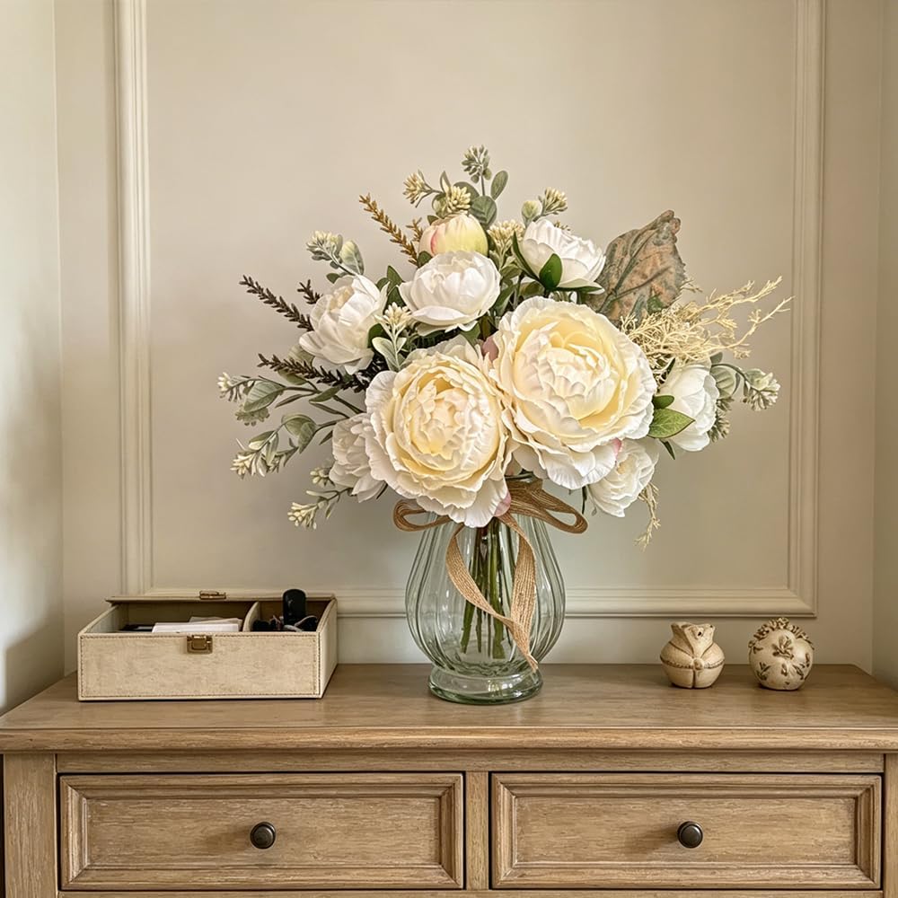 Faux Peonies White Artificial Flowers with Vase, 12.9''