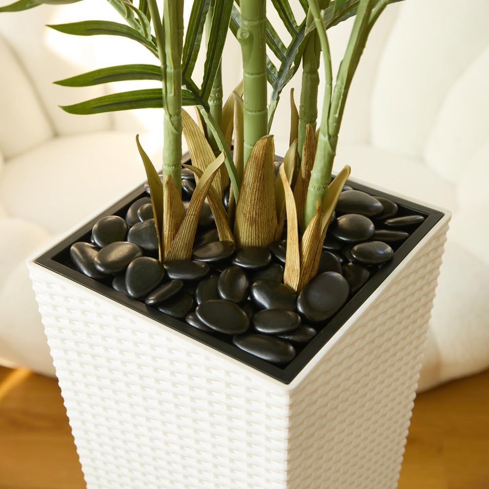 6FT Artificial Palm Tree - Tall Fake Tree with White Taper Planter & Pebbles, UV Resistant Decor - Large Potted Faux
