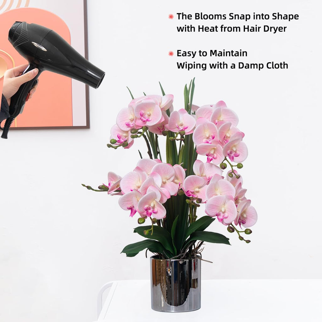 Artificial Orchid Flower Plants Real Touch Faux Orchids in Ceramic Vase 20.9'' Pink Phalaenopsis Orchid Fake Flower