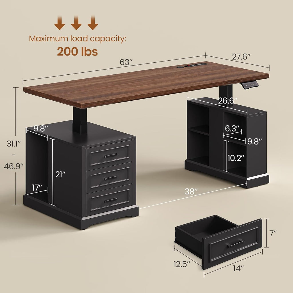 63" Farmhouse Electric Standing Desk with 3 Drawers, Storage Shelves | Height Adjustable Computer Desk with Power