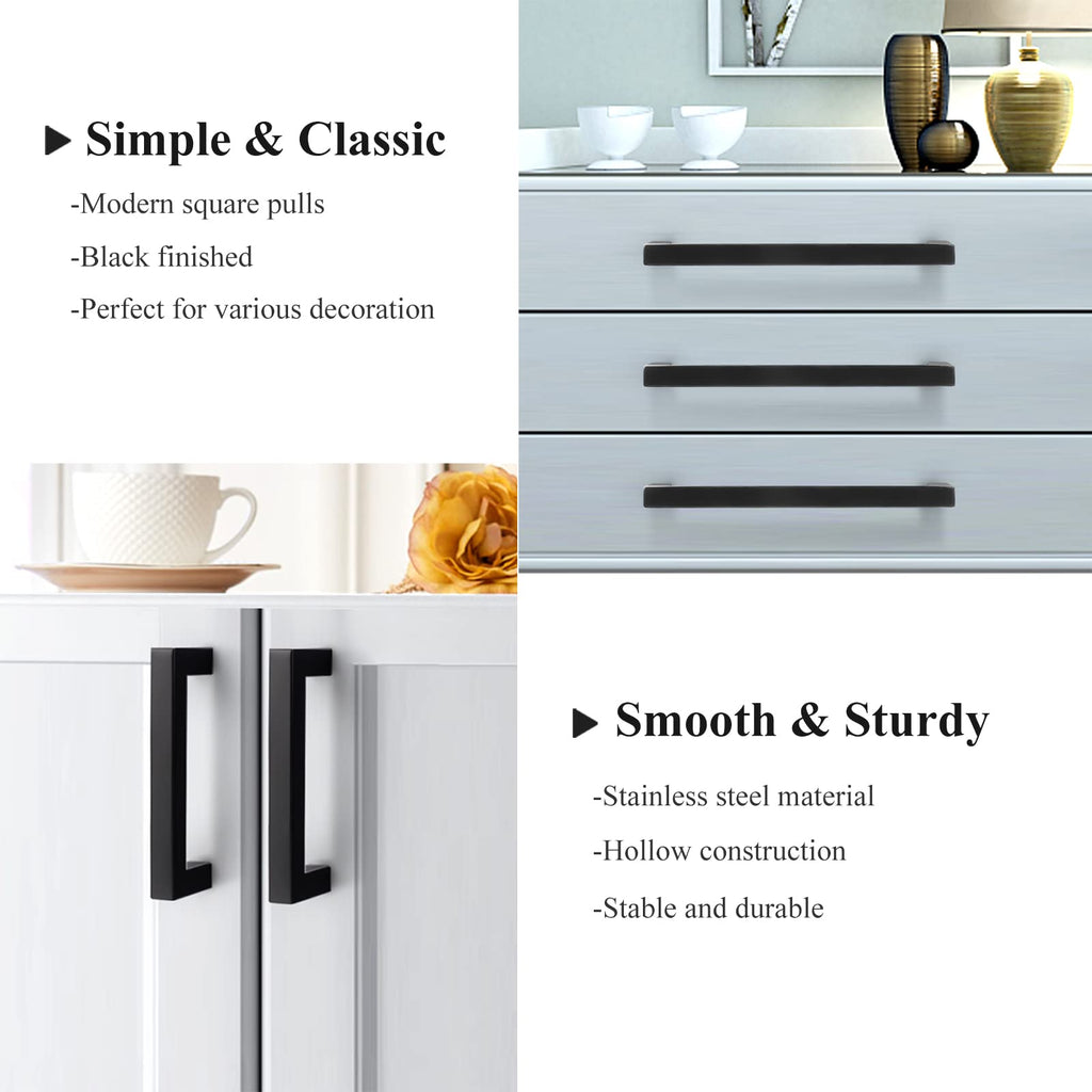 5 Pack) Flat Black Square Cabinet Knobs Stainless Steel 2 Inch(50mm) Overall Length Drawer Pulls Single Hole T Bar