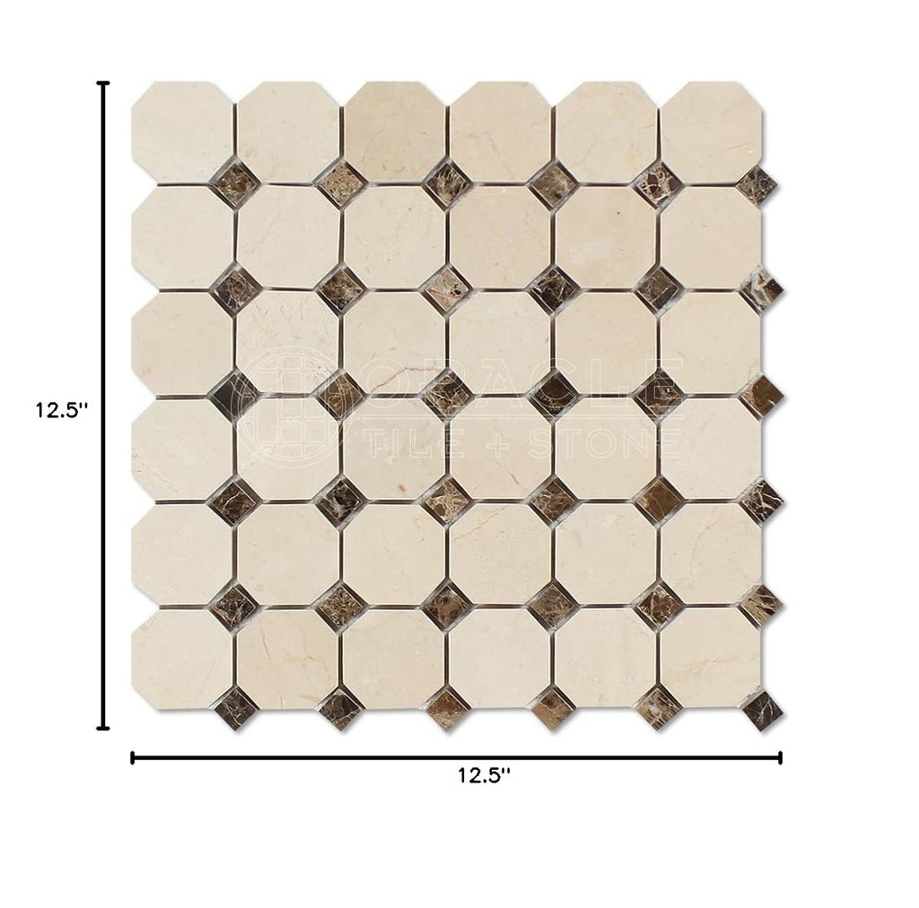 Crema Marfil Spanish Marble Octagon Mosaic Tile with Emperador Dark Dots, Polished
