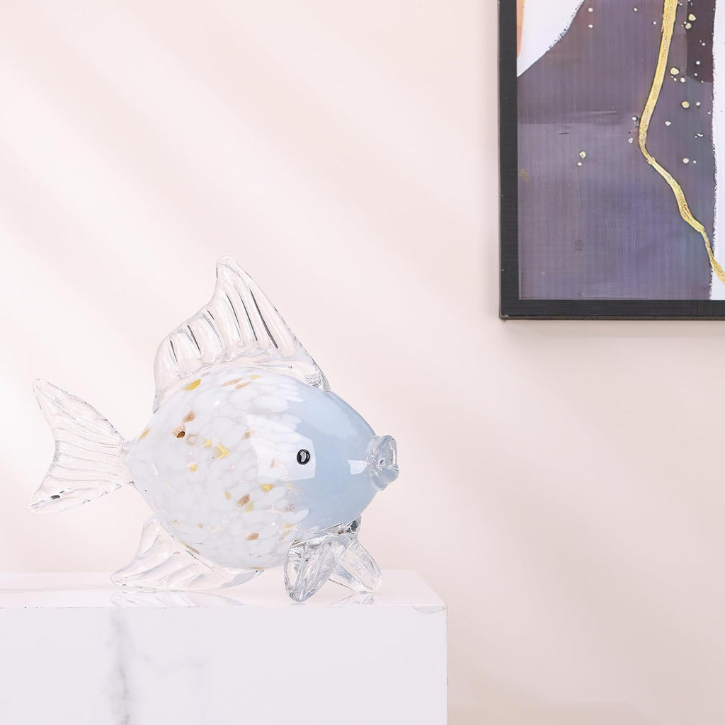 Large Hand Blown Glass Fish Figurines, Aquarium Sea Glass Art, Blue White Fish Statue Sculpture Modern Coastal Accent