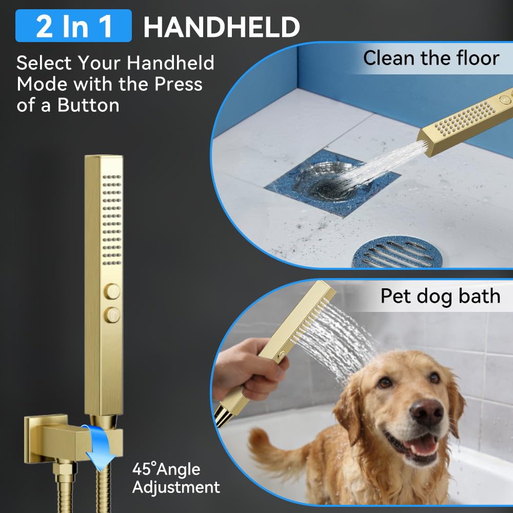 Brushed Gold Shower System with Body Jets, 12 Inch Rainfall Shower System and 2 in 1 Handheld Spray Shower Jets