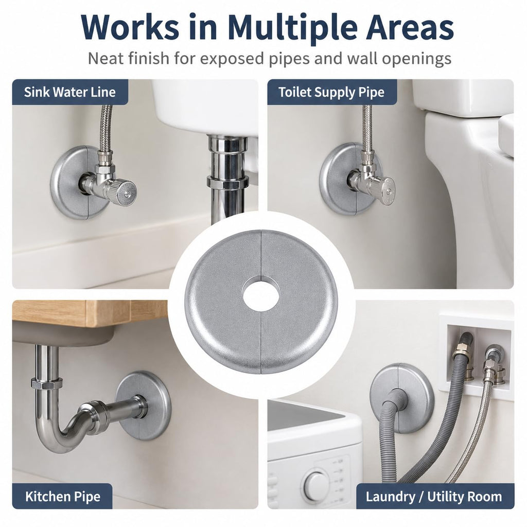 3 Pack Silver Escutcheon Plate 1/2 Inch, Split Pipe Cover with Self-Adhesive Backing, Removable Two-Piece Wall Flange