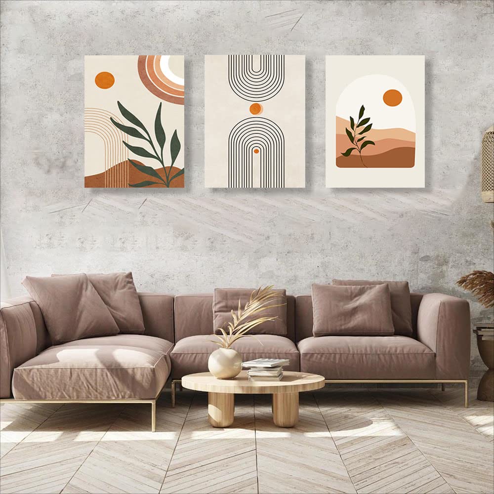 Boho Wall Art Set of 3, MidCentury Modern Wall Prints Framed Canvas Paintings Minimalist Abstract Geometric Beige