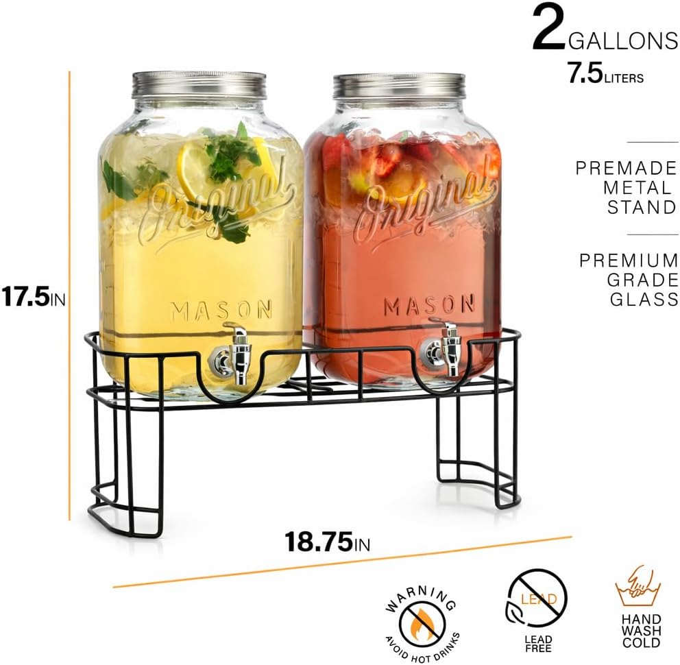 GALLON - 2 PACK for Parties, Mason Jar Beverage Dispensers with Metal Stand, Glass Water Dispenser with Spigot - Set of 2