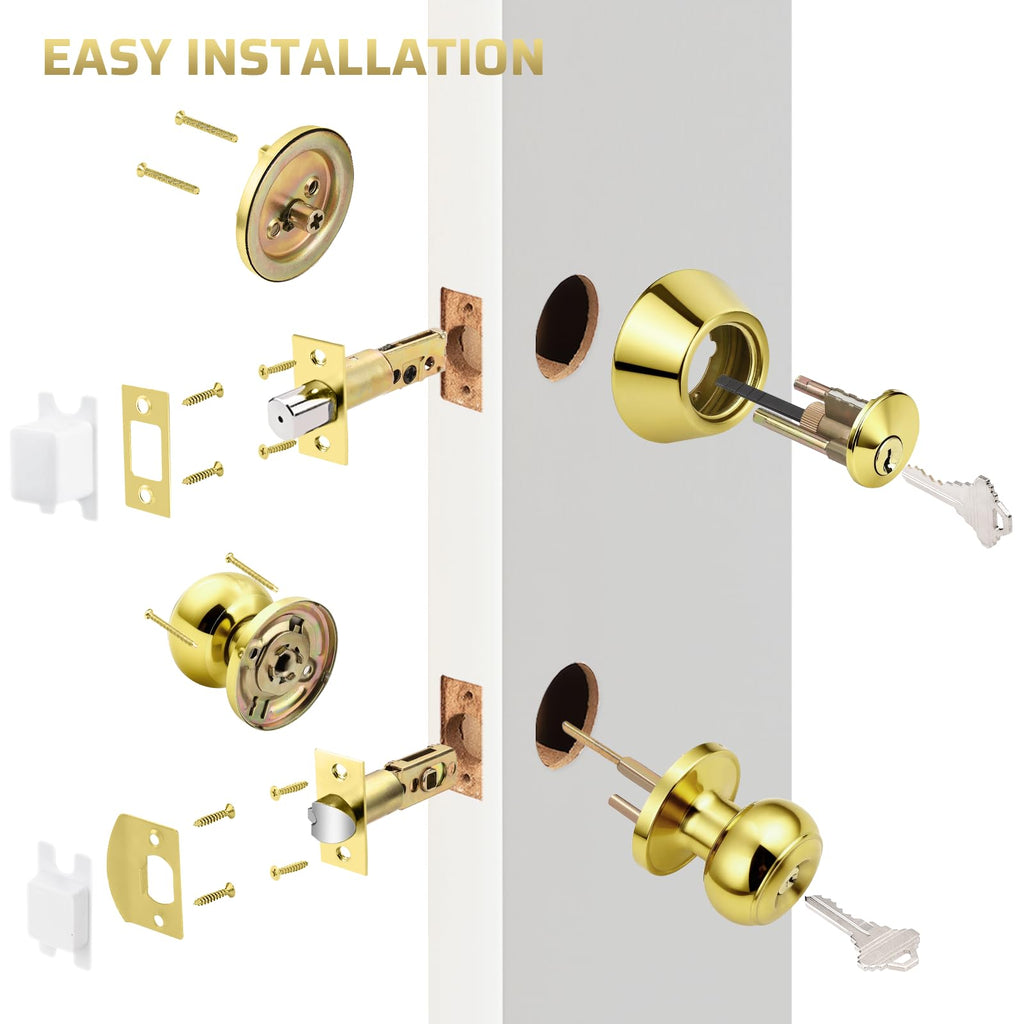 Keyed Entry Door Knob and Single Cylinder Deadbolt Combo Set, Exterior Door Knobs for Entrance and Front Door, Keyed